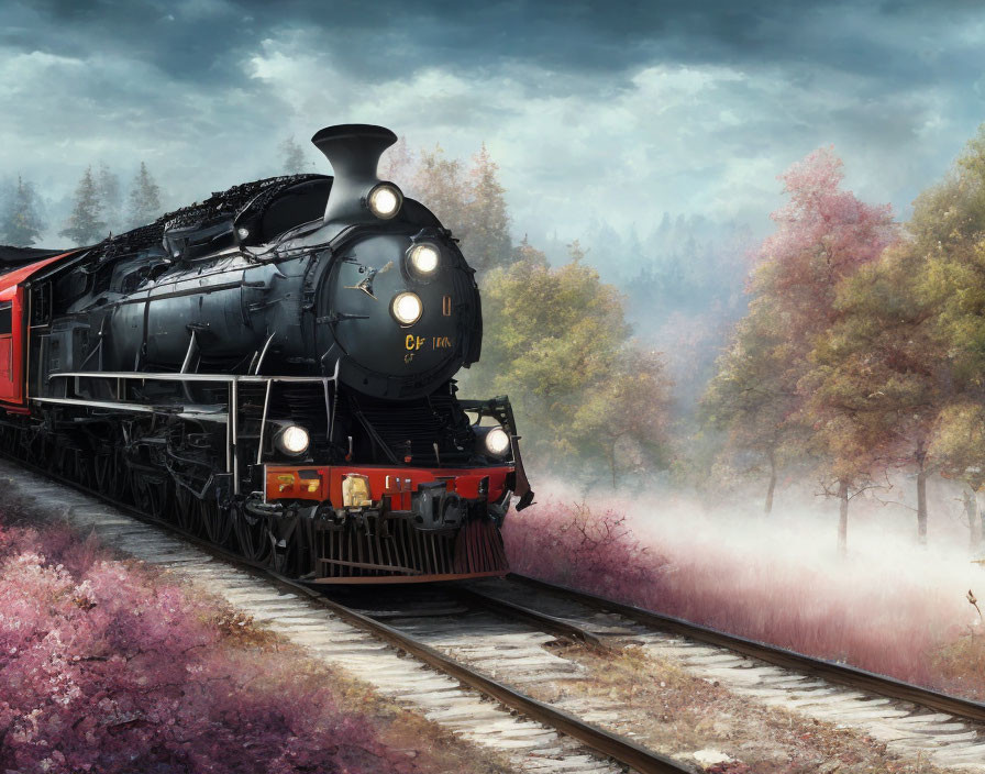 Vintage Black Steam Locomotive Among Autumn Foliage