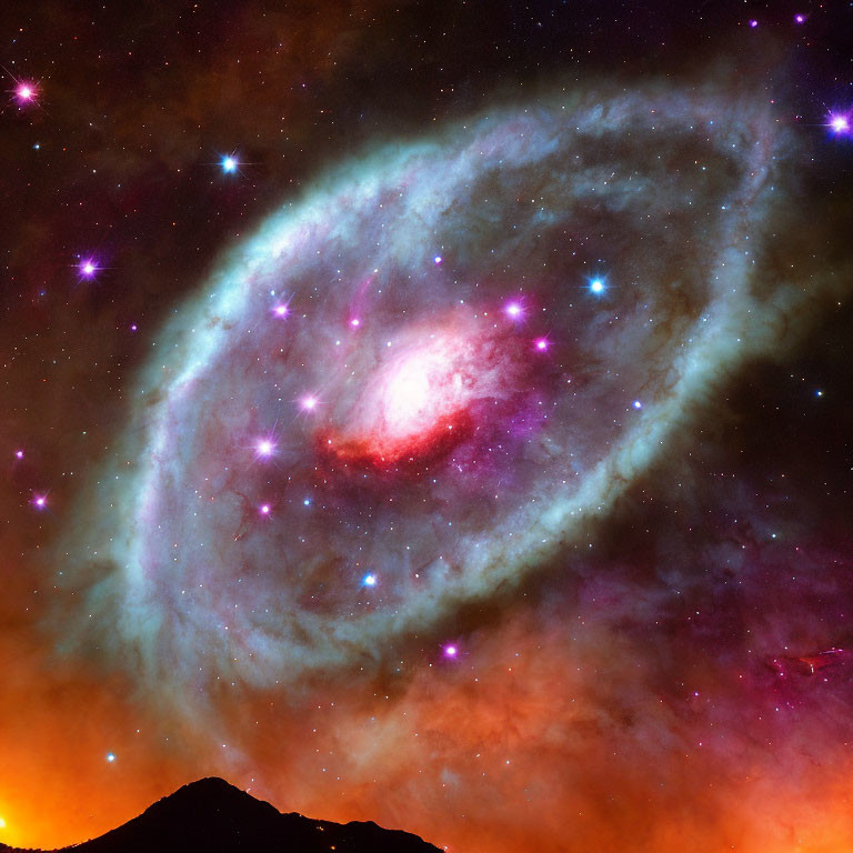 Spiral Galaxy with Red Center & Mountain Silhouette in Starry Sky