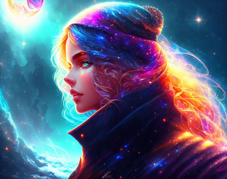 Vibrant cosmic-themed digital artwork of a woman under a starry sky