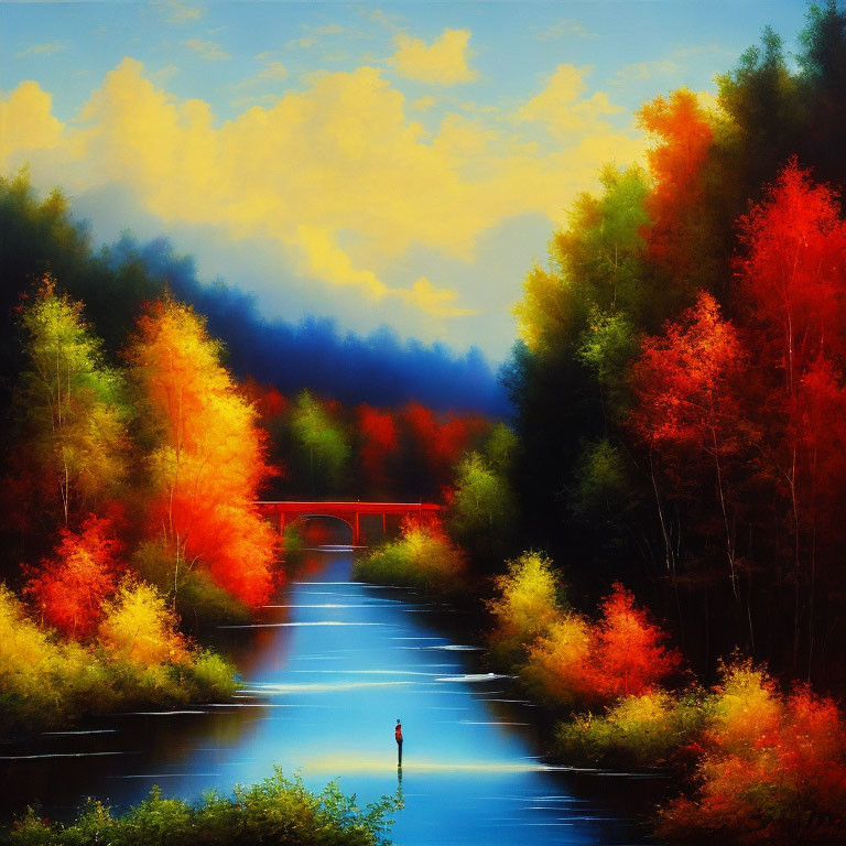 Colorful autumn river scene with red bridge and cloudy sky