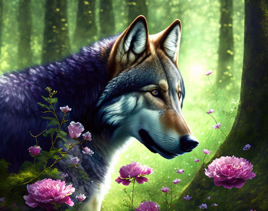 Realistic wolf in green forest with purple flowers