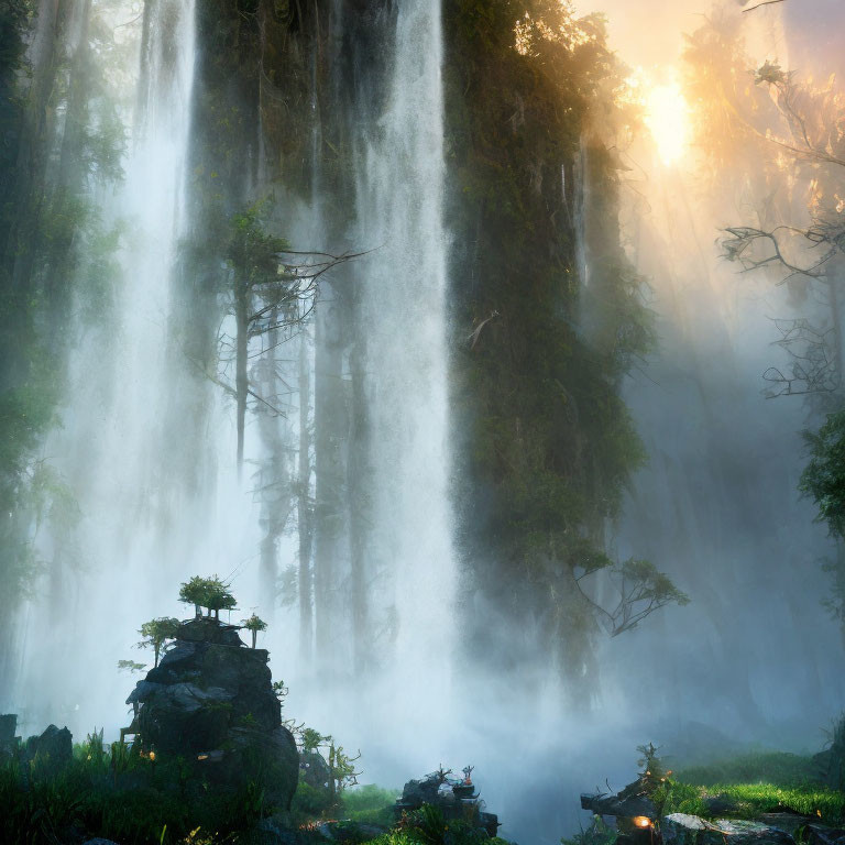 Mystical forest scene with misty waterfall and warm sun glow