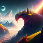 Vibrant surreal landscape: swirling landforms, mountains, sunrise colors, forest, moon, comet