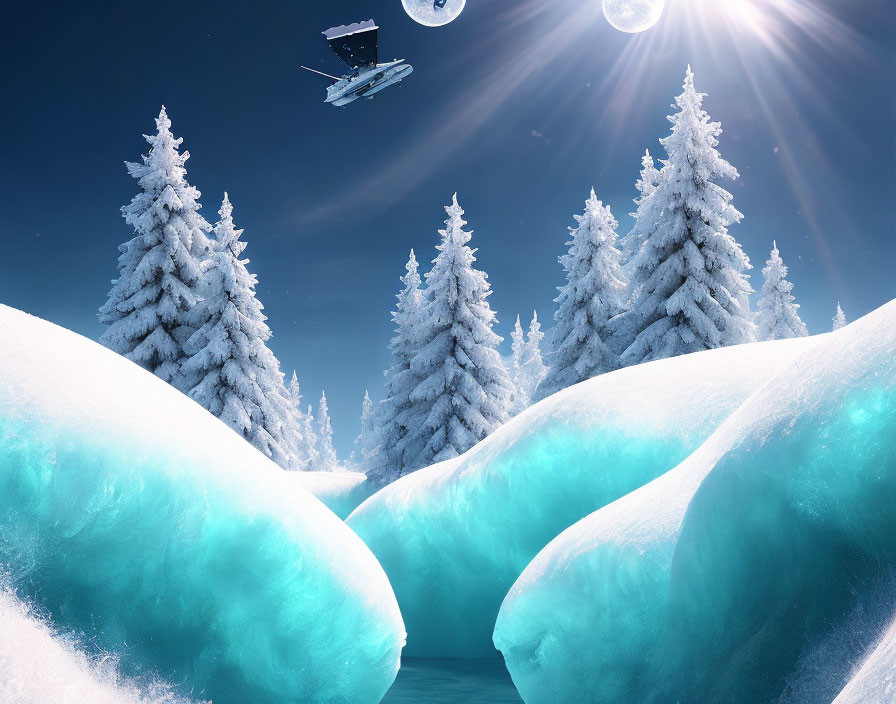 Snow-covered trees in glowing blue winter scene with floating island and boat