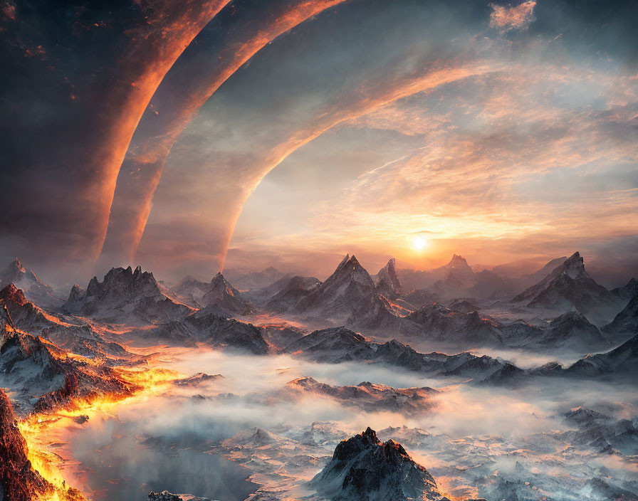 Surreal landscape with fiery rivers, rugged mountains, and dramatic sky arcs