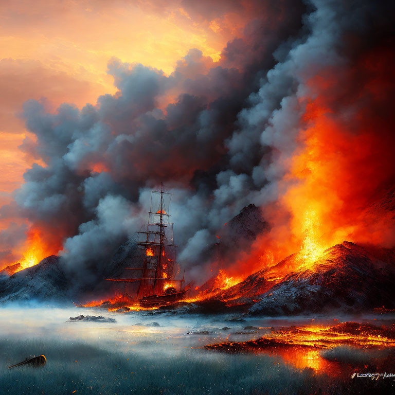 Ship near volcanic island at sunset with smoke and lava glow