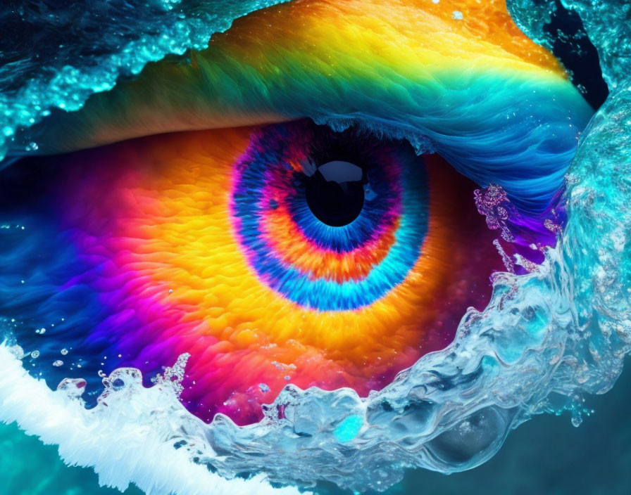 Colorful eye with water splash on blue background