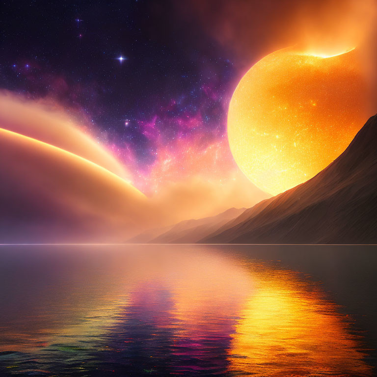 Surreal landscape with radiant sun setting behind mountains and galaxy-studded sky reflected on tranquil water