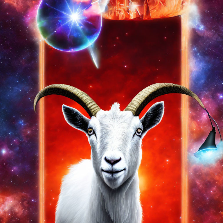 Surreal white goat with horns in cosmic background