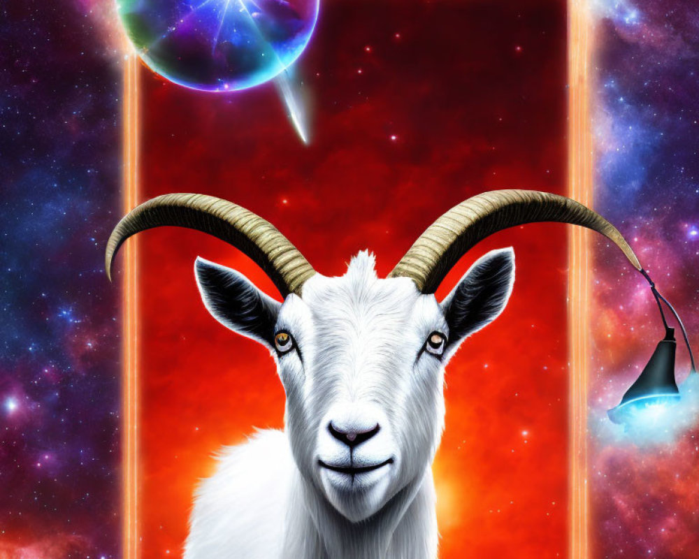 Surreal white goat with horns in cosmic background