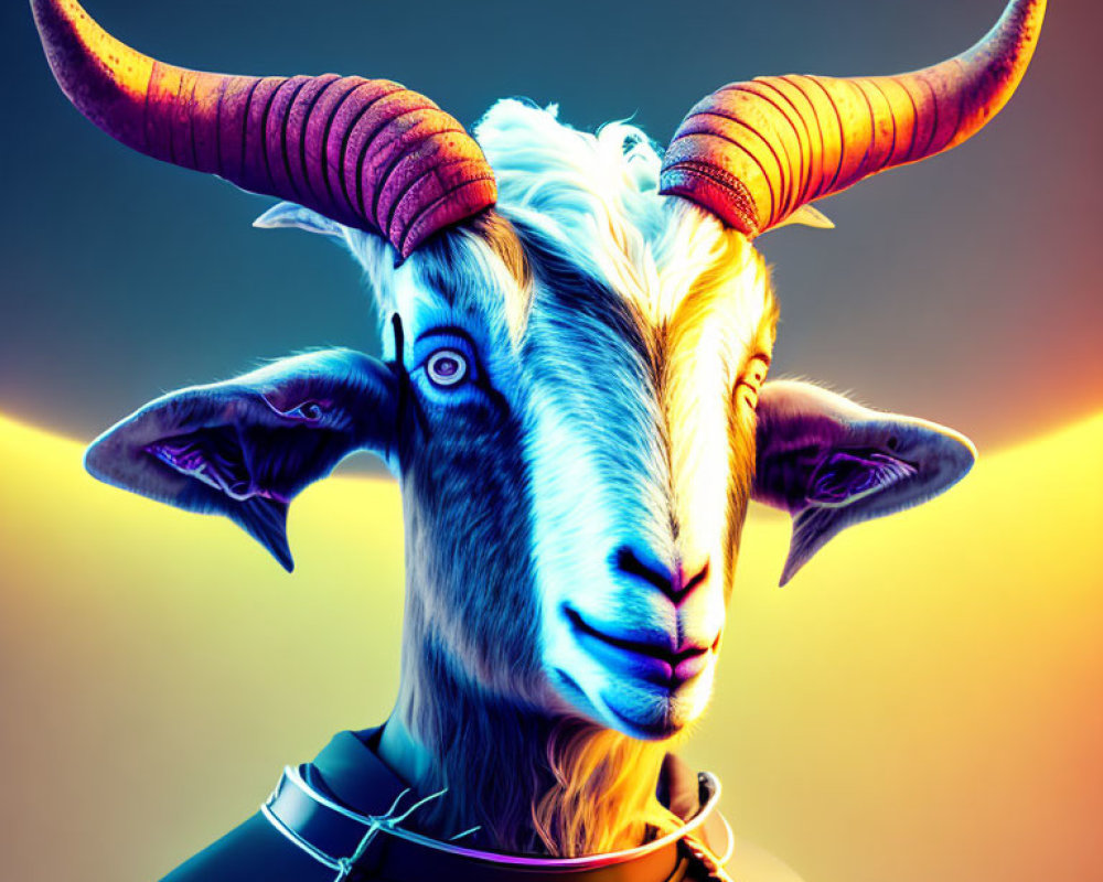 Goat with human-like eyes and collar on dual-tone background