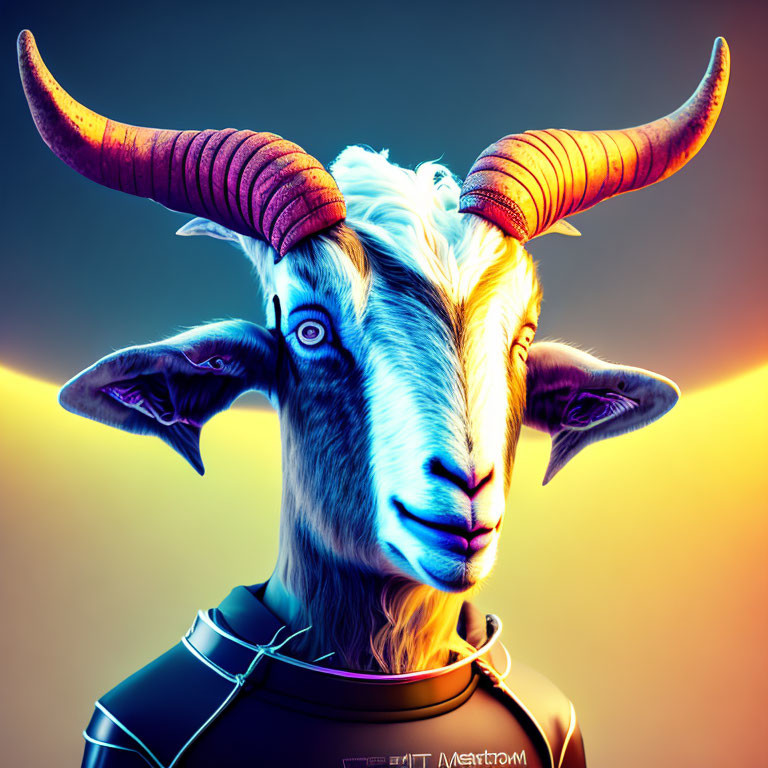 Goat with human-like eyes and collar on dual-tone background