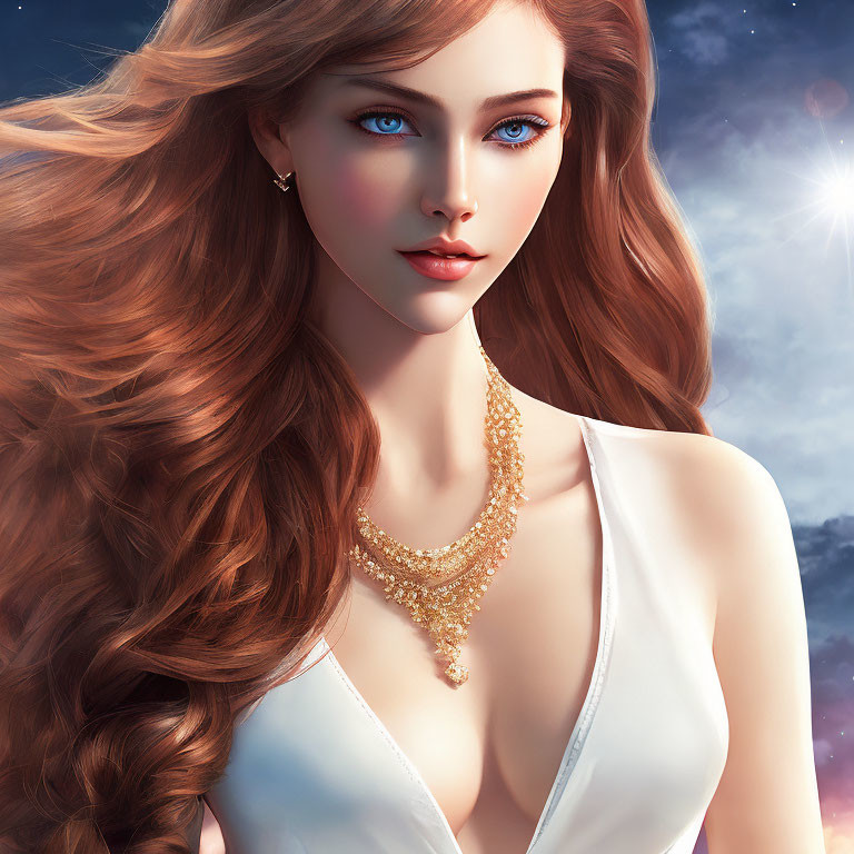 Woman with Long Wavy Hair and Blue Eyes in Starscape Setting