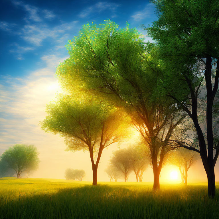 Sunrise illuminating green-leaved trees in peaceful meadow