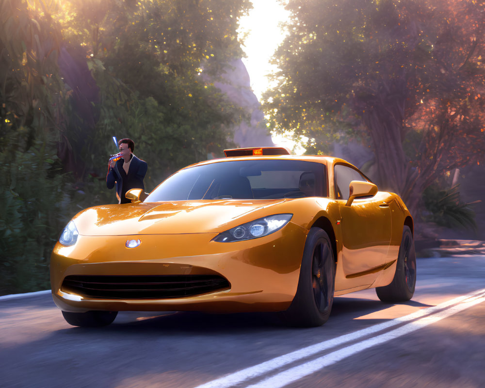 Character in suit next to golden sports car with emergency lights on forested road.