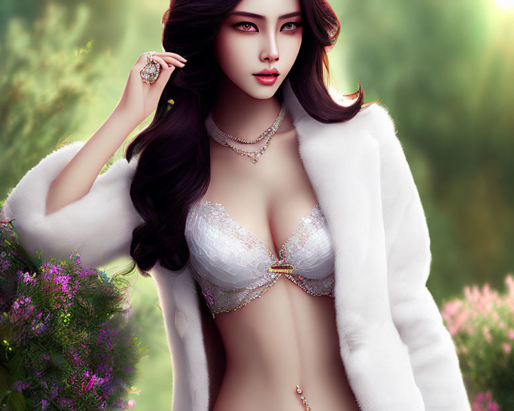 Digital artwork: Woman in fur coat and lingerie against green backdrop