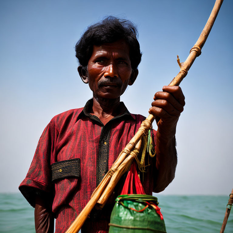 Dark-haired man in red shirt holding bamboo pole by water and sky