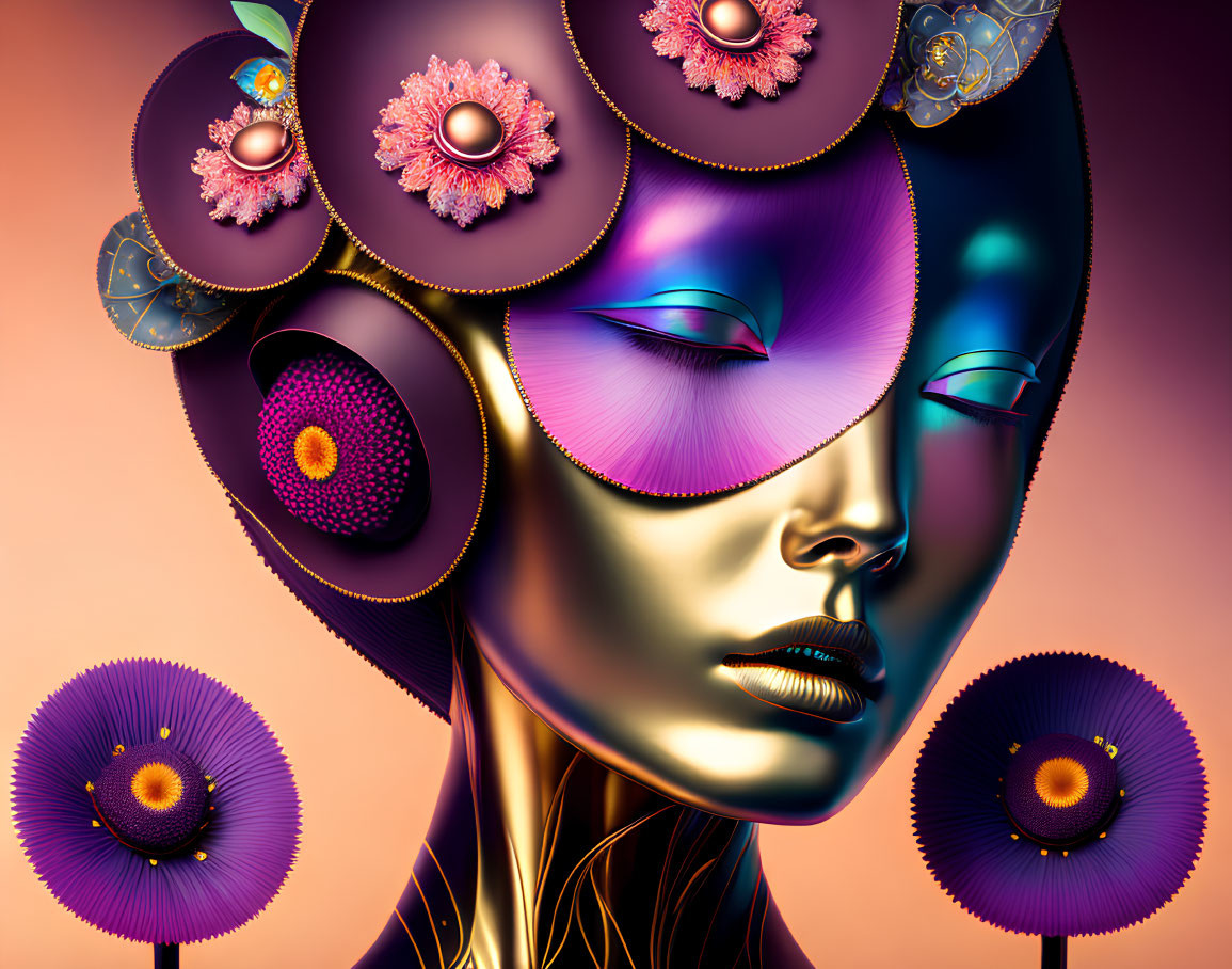 Vibrant illustration of stylized female figure with purple skin and floral motifs