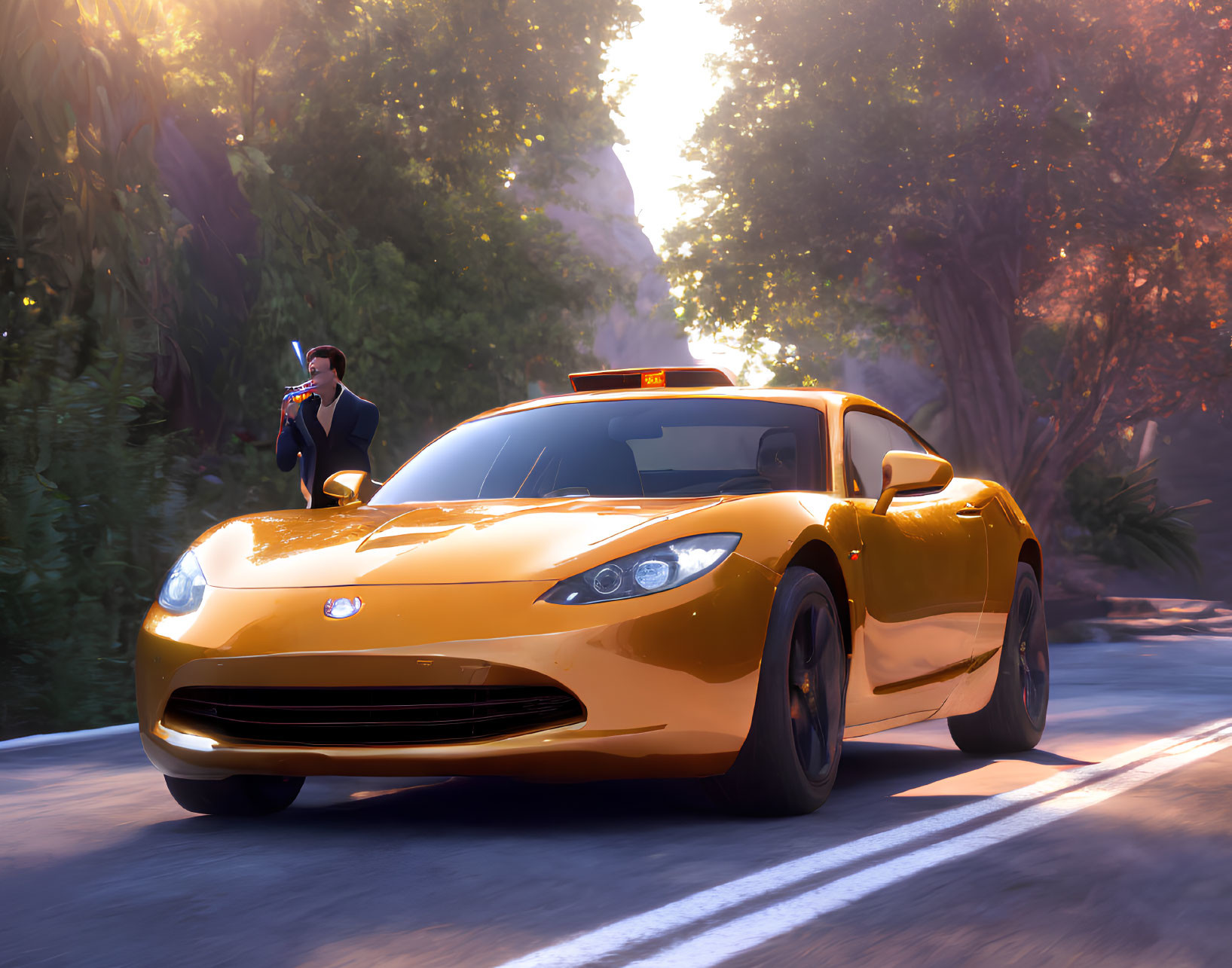 Character in suit next to golden sports car with emergency lights on forested road.