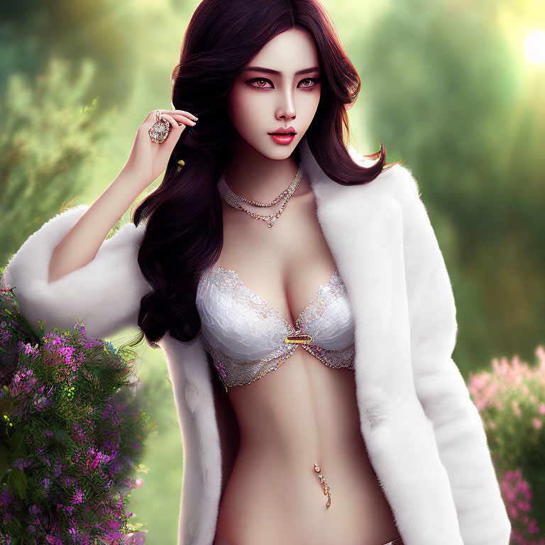 Digital artwork: Woman in fur coat and lingerie against green backdrop