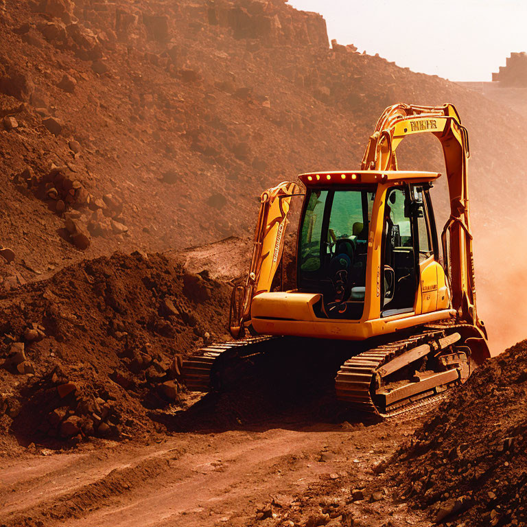 Yellow Excavator Moving Earth on Dusty Construction Site