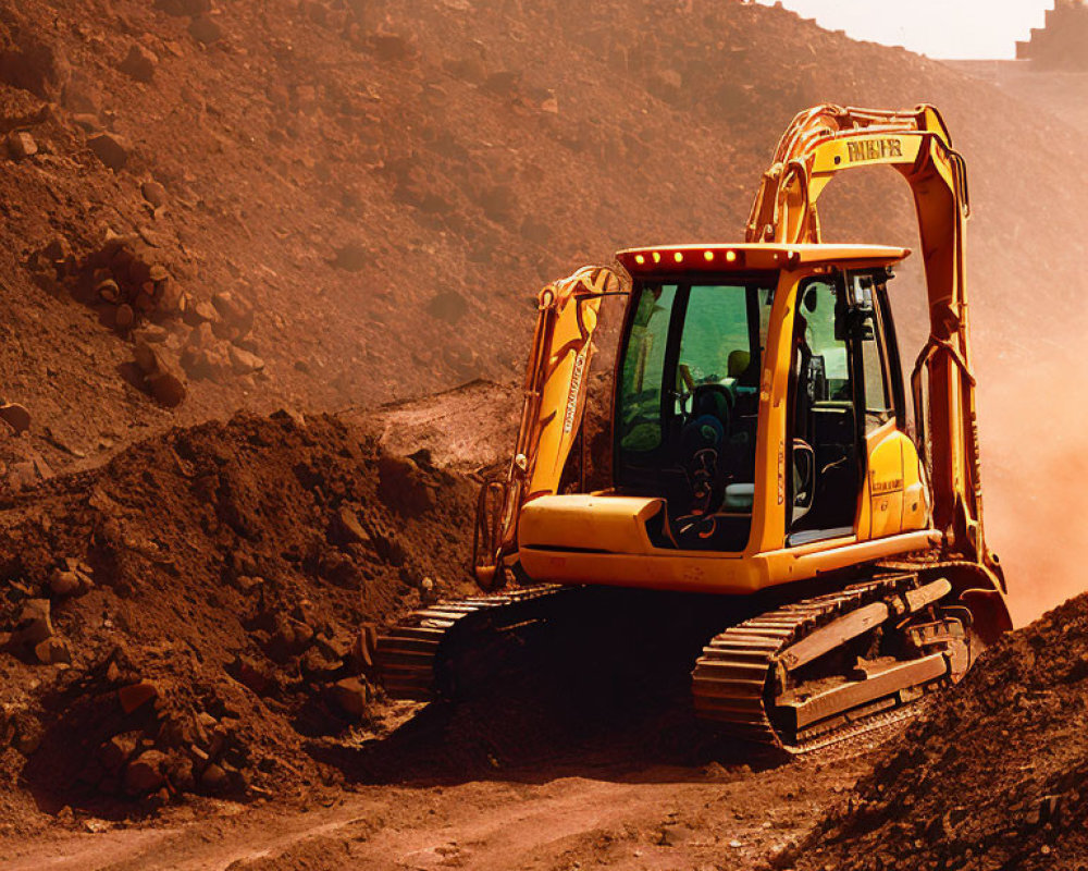 Yellow Excavator Moving Earth on Dusty Construction Site