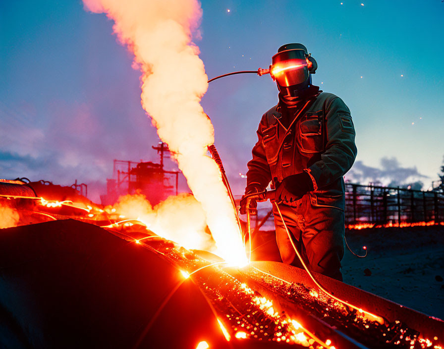 Welder in protective gear amidst twilight sparks and industrial backdrop