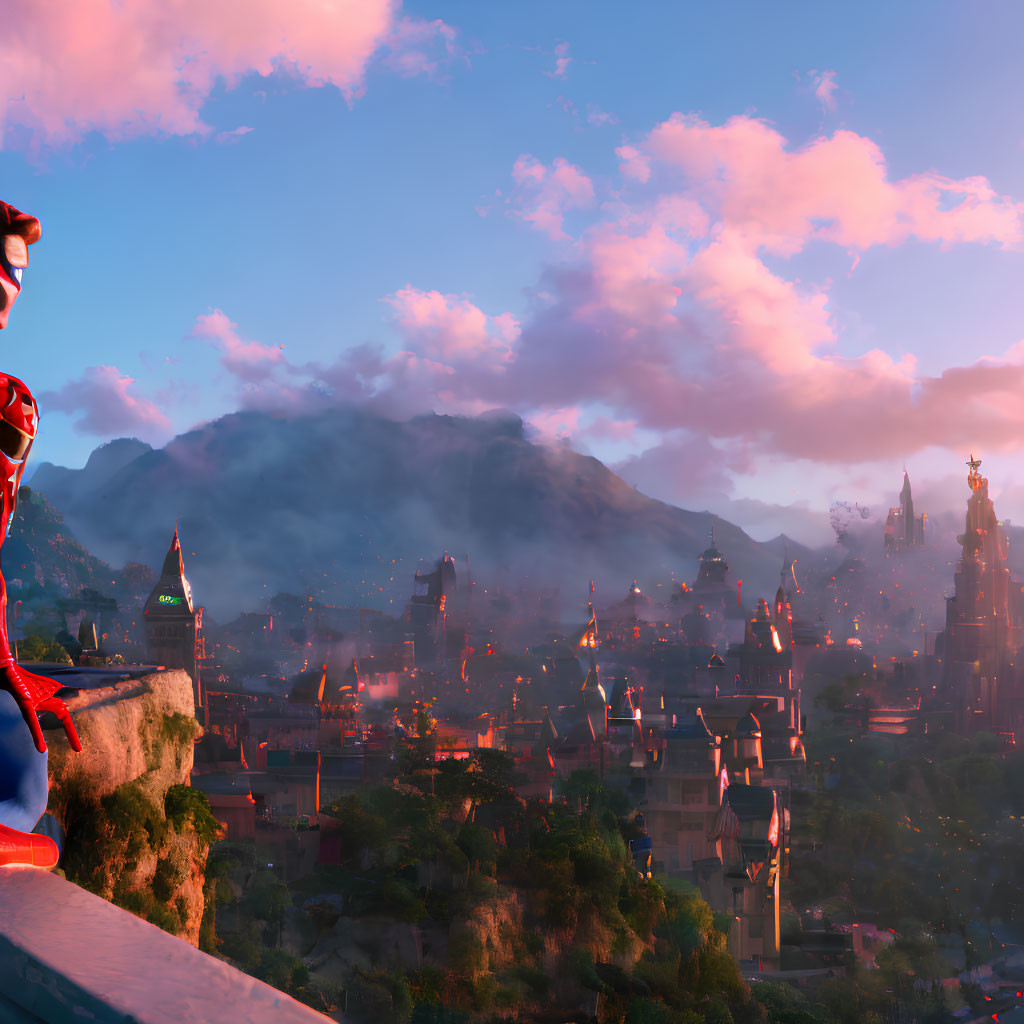 Superhero in Red and Blue Costume Overlooks City at Sunset