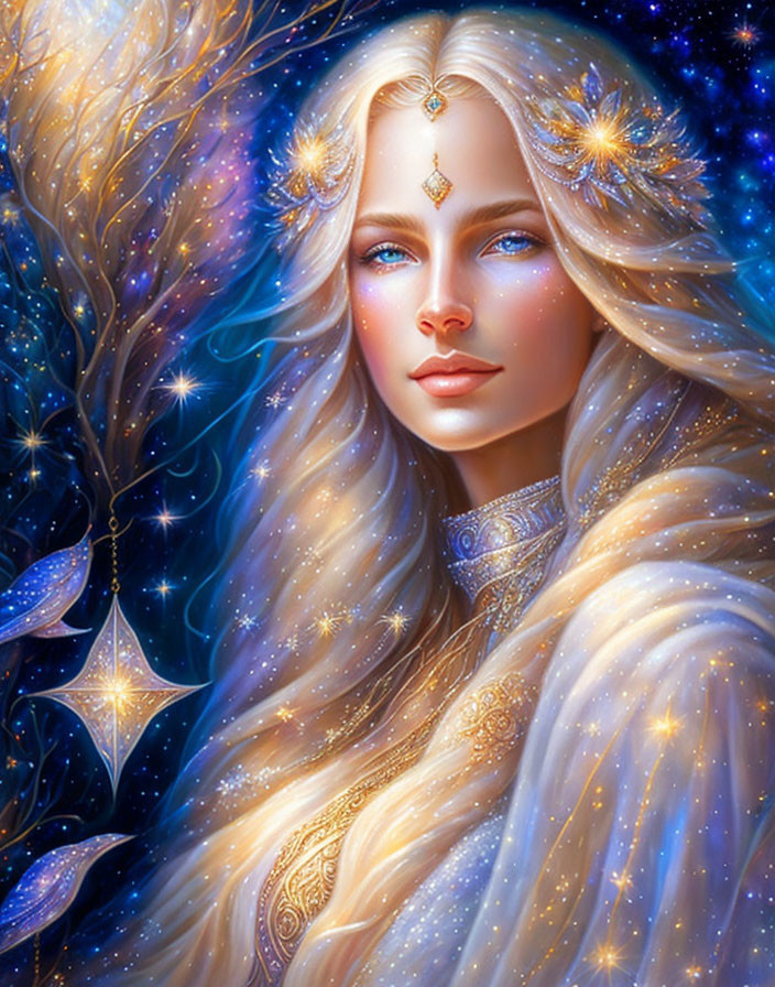 Blond Woman with Celestial Motifs and Blue Eyes in Cosmic Setting