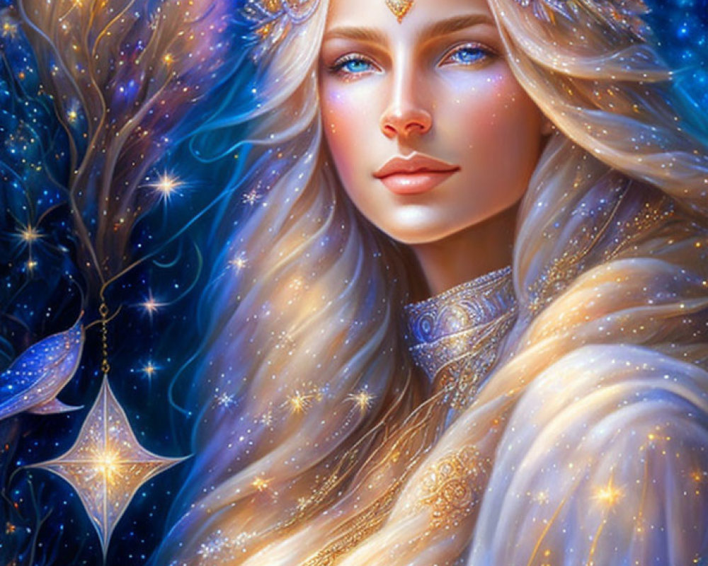 Blond Woman with Celestial Motifs and Blue Eyes in Cosmic Setting