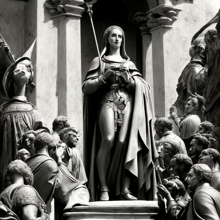 Monochrome photo of serene woman statue with smaller expressive figures