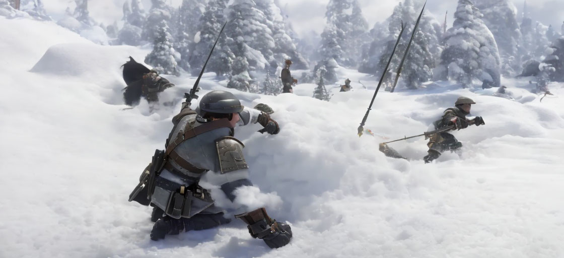 Snowy battle scene: soldiers aiming and charging with bayonets among pine trees