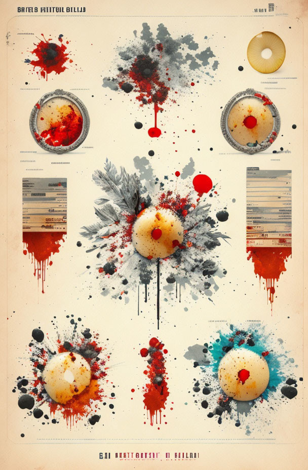 Abstract splatter art vintage-style poster with barcode-like circles and text at bottom