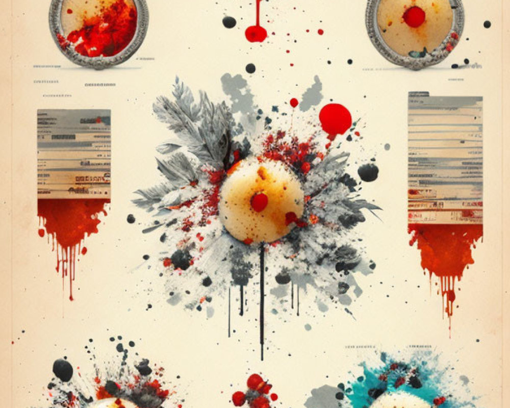 Abstract splatter art vintage-style poster with barcode-like circles and text at bottom