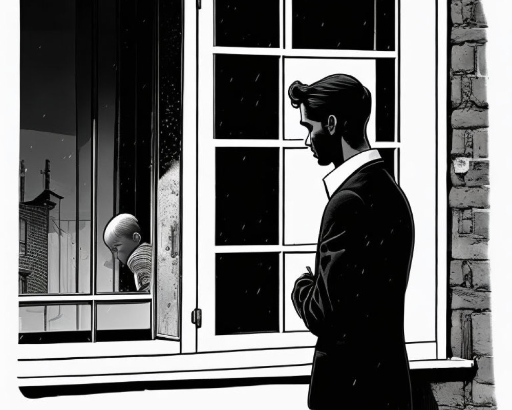 Monochrome illustration of a man in a suit gazing out a rainy night window