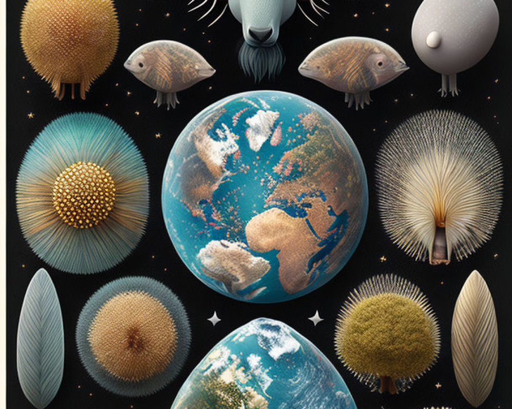 Stylized animal heads, floral patterns, globes, and stars on poster