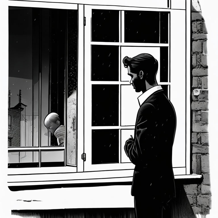 Monochrome illustration of a man in a suit gazing out a rainy night window