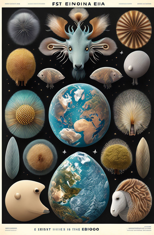 Stylized animal heads, floral patterns, globes, and stars on poster