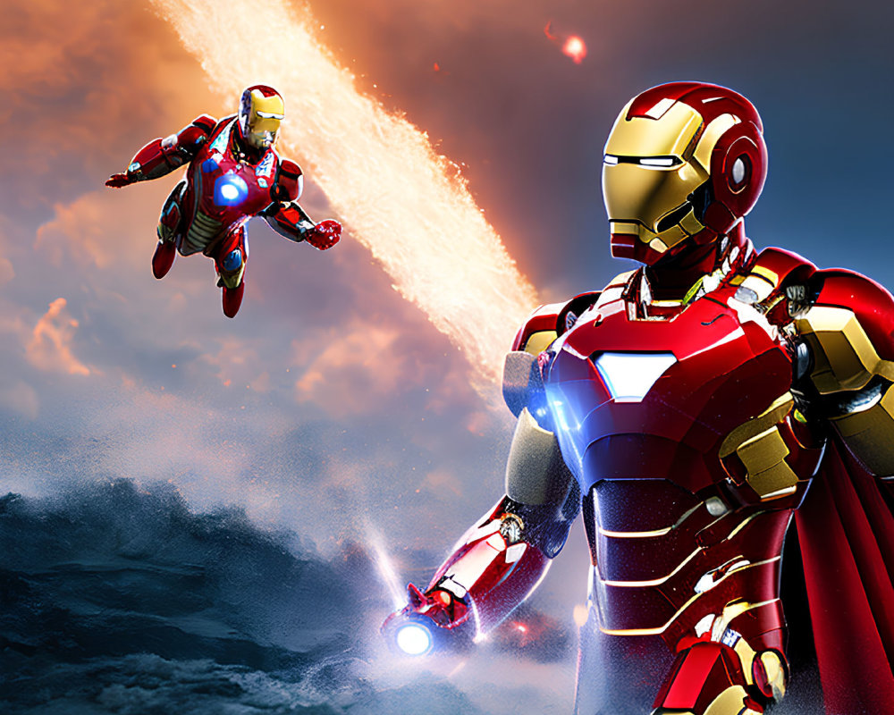 Superhero Iron Man in flying and standing poses against dramatic sky with fiery explosions.