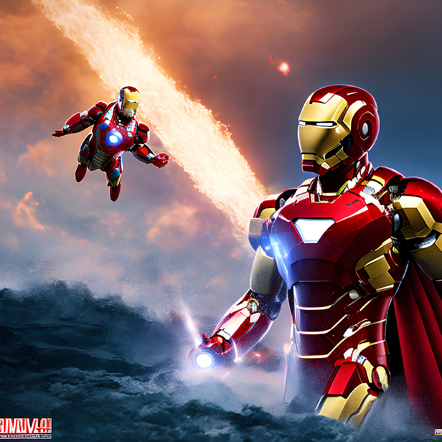 Superhero Iron Man in flying and standing poses against dramatic sky with fiery explosions.