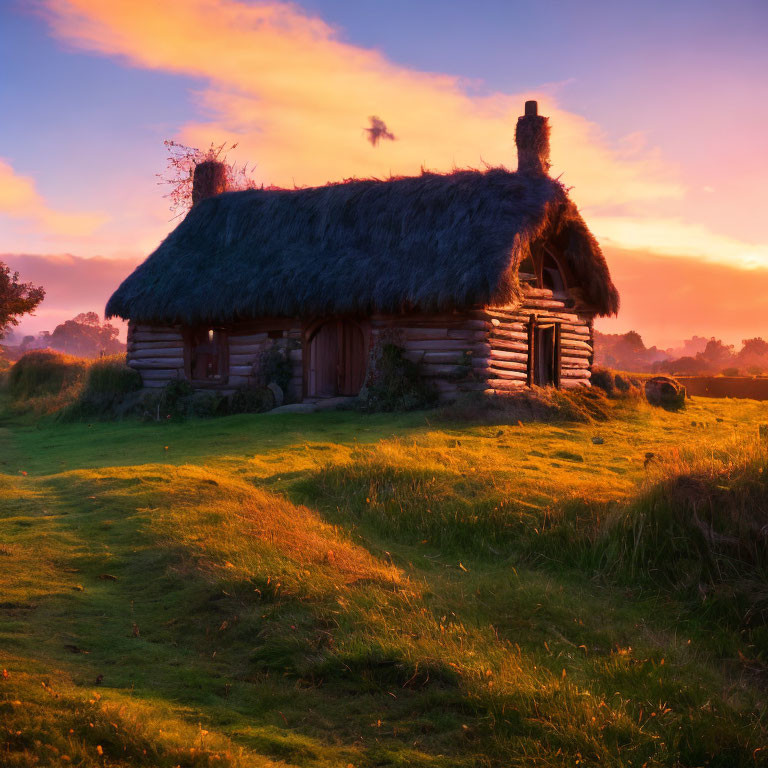 Thatched-Roof Cottage in Lush Greenery at Sunset