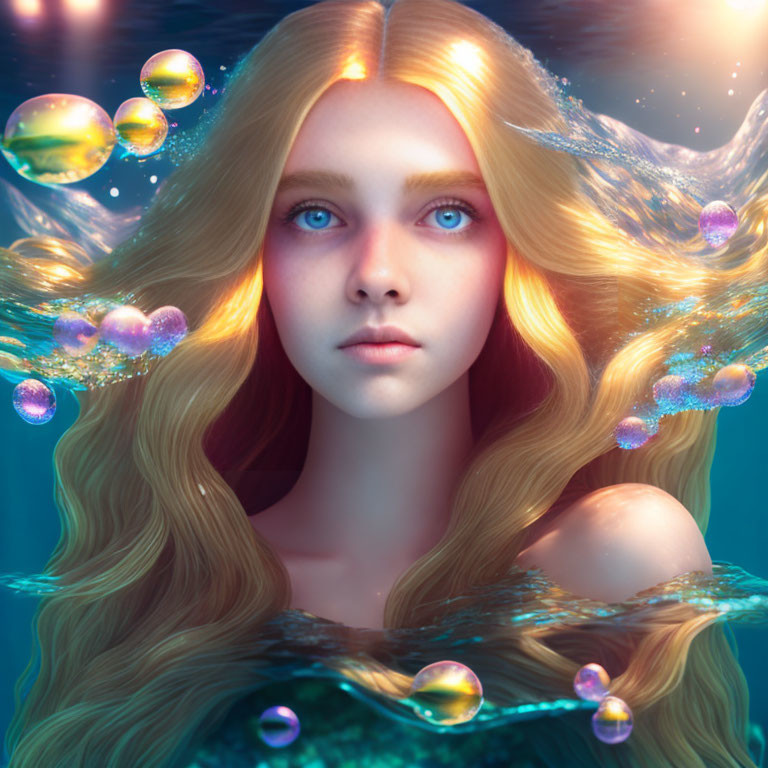 Surreal portrait of young woman with golden hair and blue eyes in underwater scene