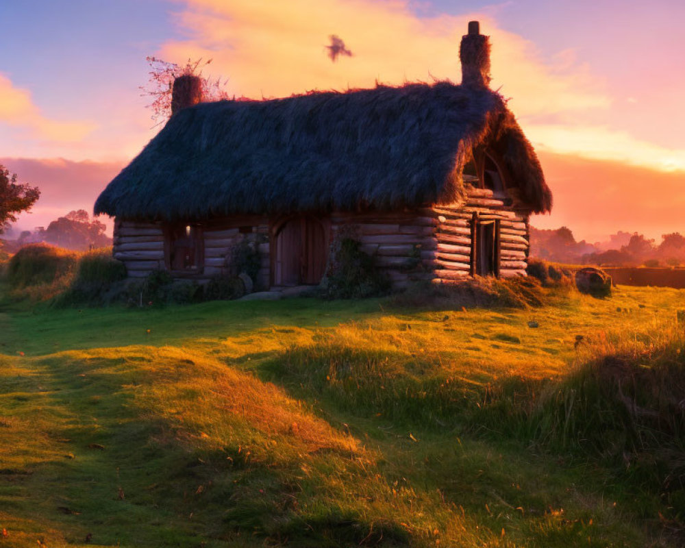 Thatched-Roof Cottage in Lush Greenery at Sunset