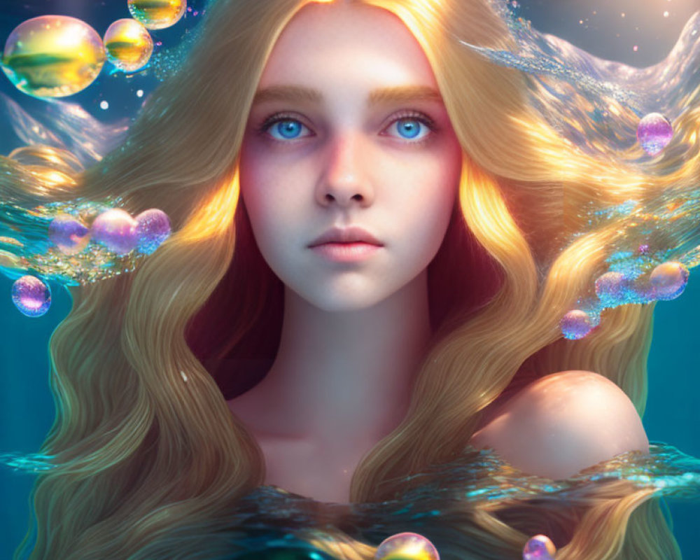 Surreal portrait of young woman with golden hair and blue eyes in underwater scene