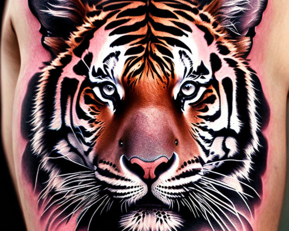 Realistic Tiger Face Tattoo on Knee in Orange, Black, and White