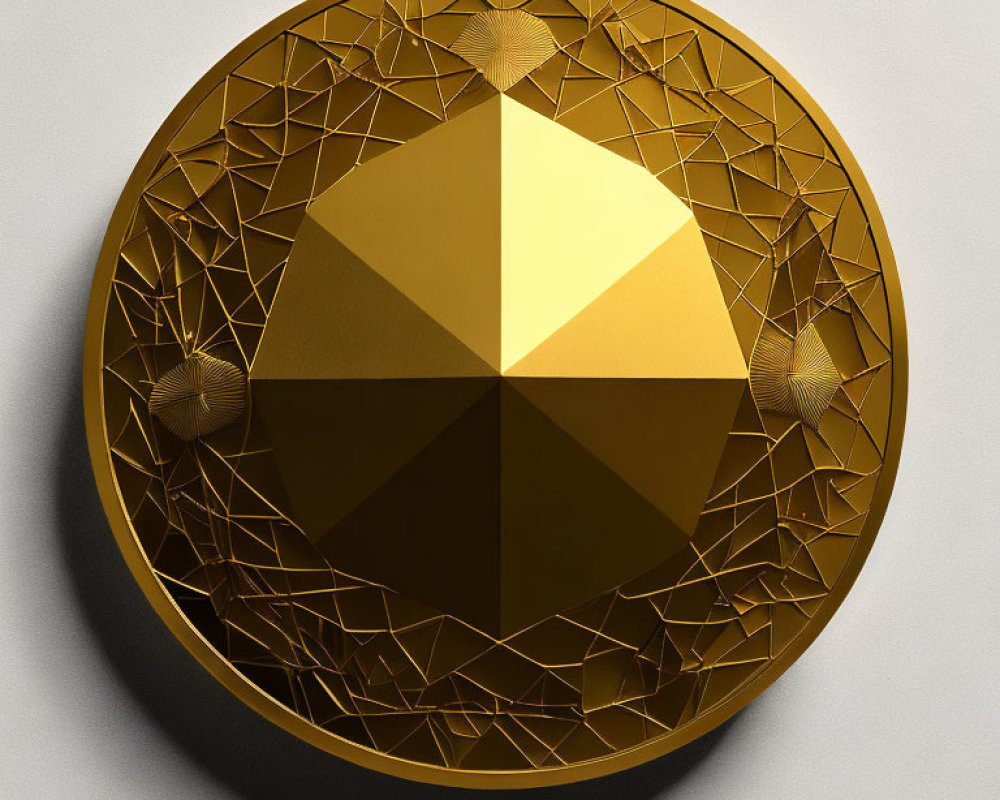 Circular golden emblem with intricate geometric pattern on textured background