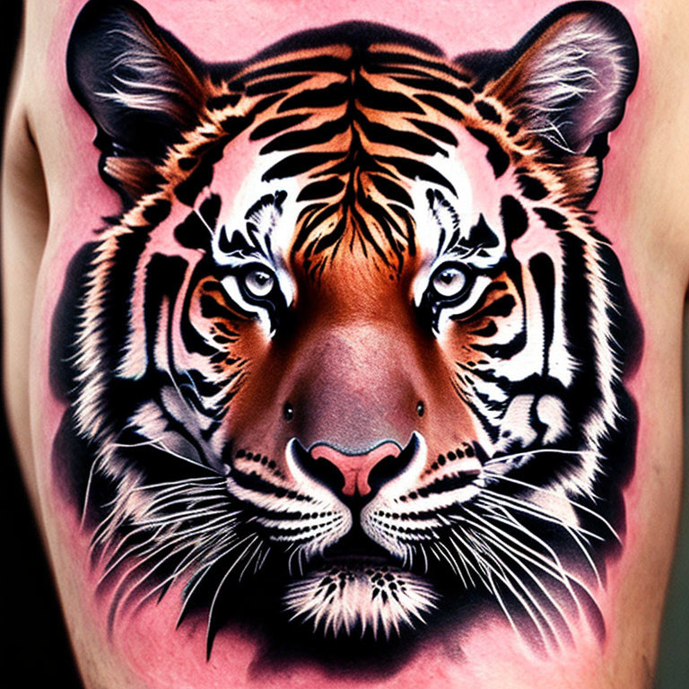 Realistic Tiger Face Tattoo on Knee in Orange, Black, and White