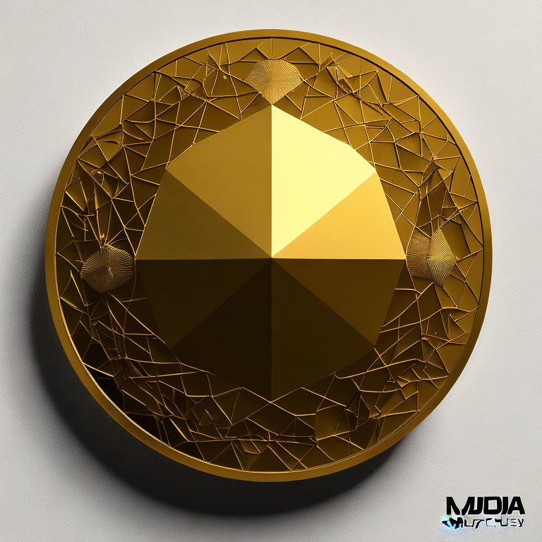 Circular golden emblem with intricate geometric pattern on textured background