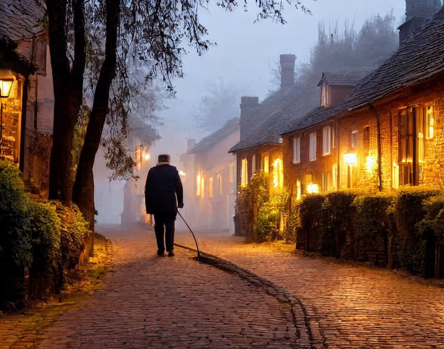 Solitary figure walking on foggy cobblestone street at twilight