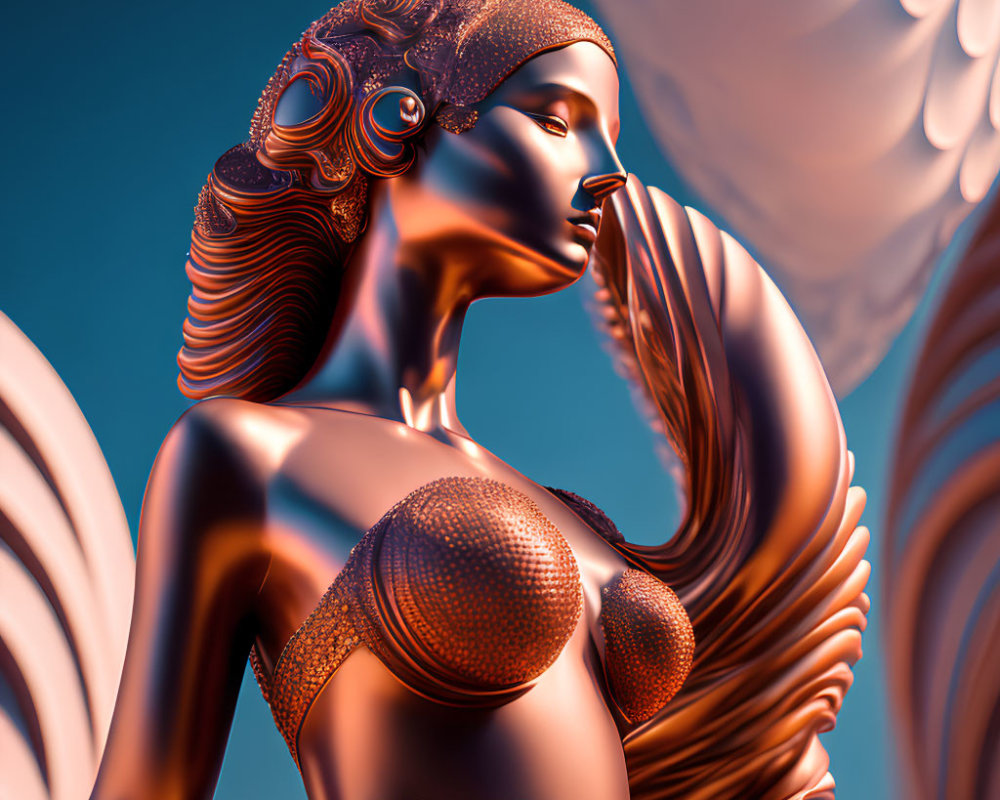 Bronze-toned digital sculpture of stylized female figure with intricate hair and wing-like structure